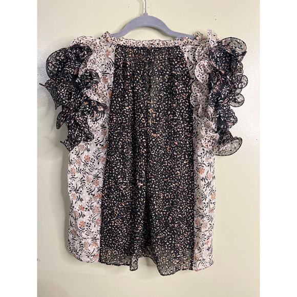 ULLA JOHNSON SILK BLACK & WHITE BLOUSE WITH RUFFLED SLEEVES, Size 2 - Picture 5 of 10